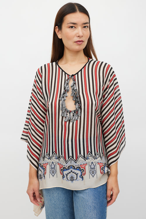Etro Cream & Multicolour Silk Striped Tassel Poncho