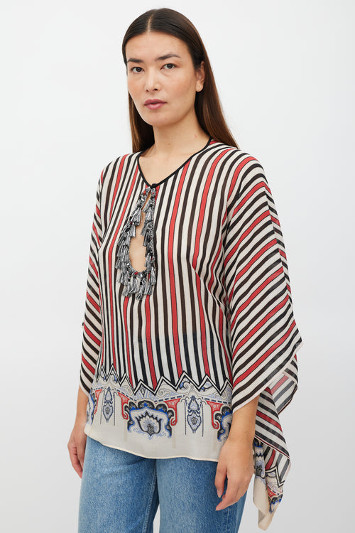 Etro Cream & Multicolour Silk Striped Tassel Poncho