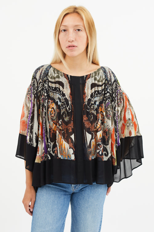 Etro Black & Multi Silk Print Pleated Blouse
