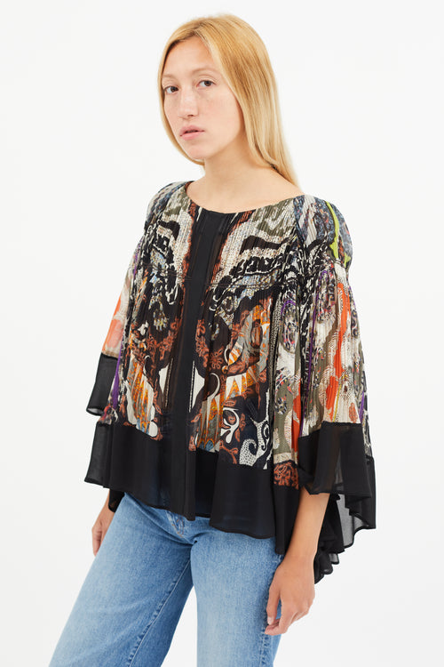Etro Black & Multi Silk Print Pleated Blouse