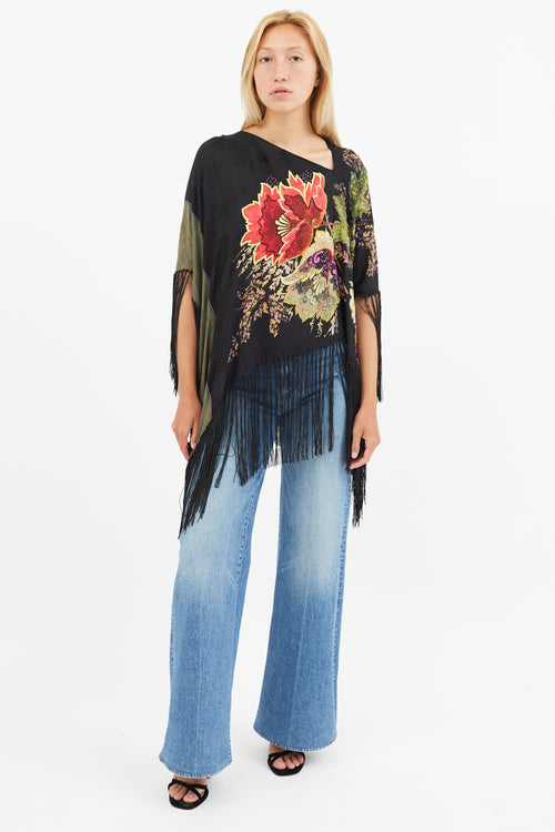 Etro Black & Multi Silk Floral Beaded Tassel Cape