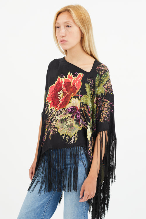 Etro Black & Multi Silk Floral Beaded Tassel Cape