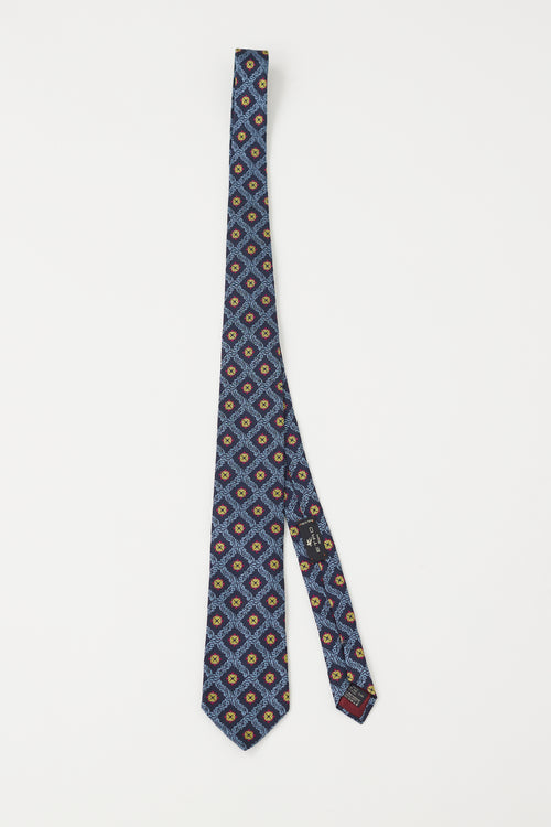 Etro Navy & Multicolour Floral Tile Tie