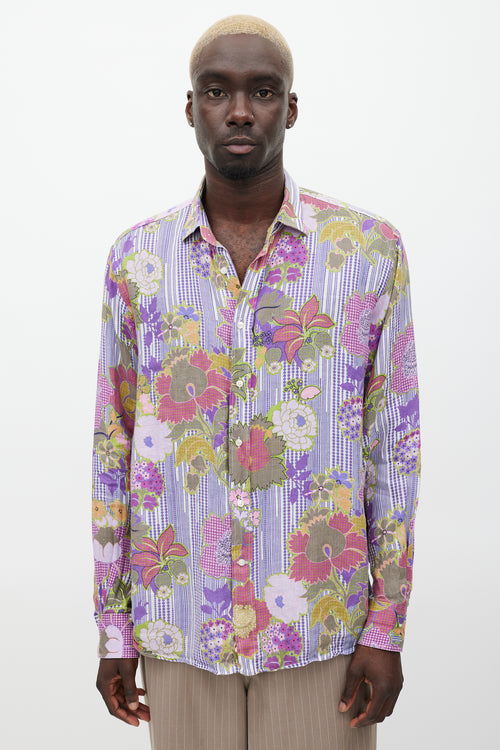 Etro Purple & Multicolour Linen Floral Polka Dot Shirt