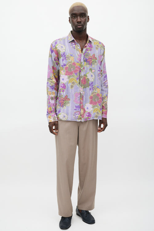 Etro Purple & Multicolour Linen Floral Polka Dot Shirt