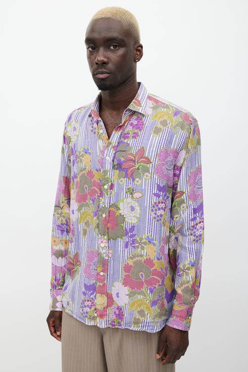 Etro Purple & Multicolour Linen Floral Polka Dot Shirt