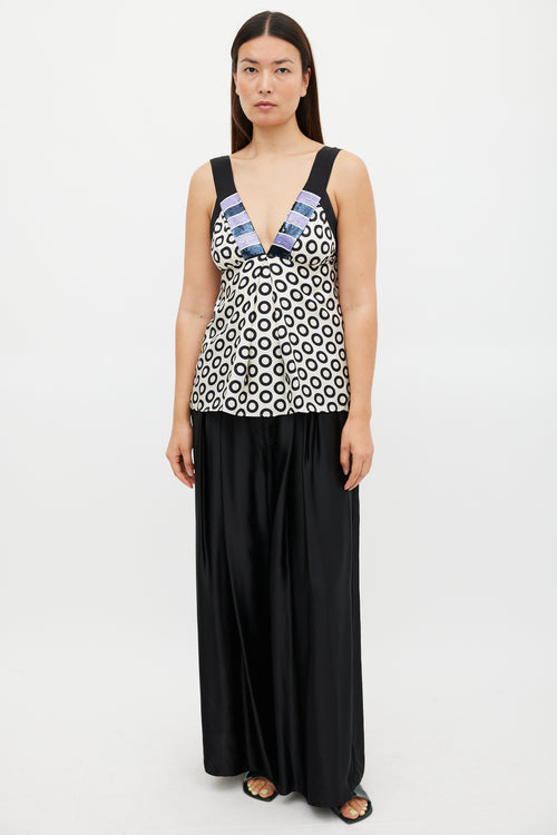 Etro White & Black Silk Embellished Printed Top