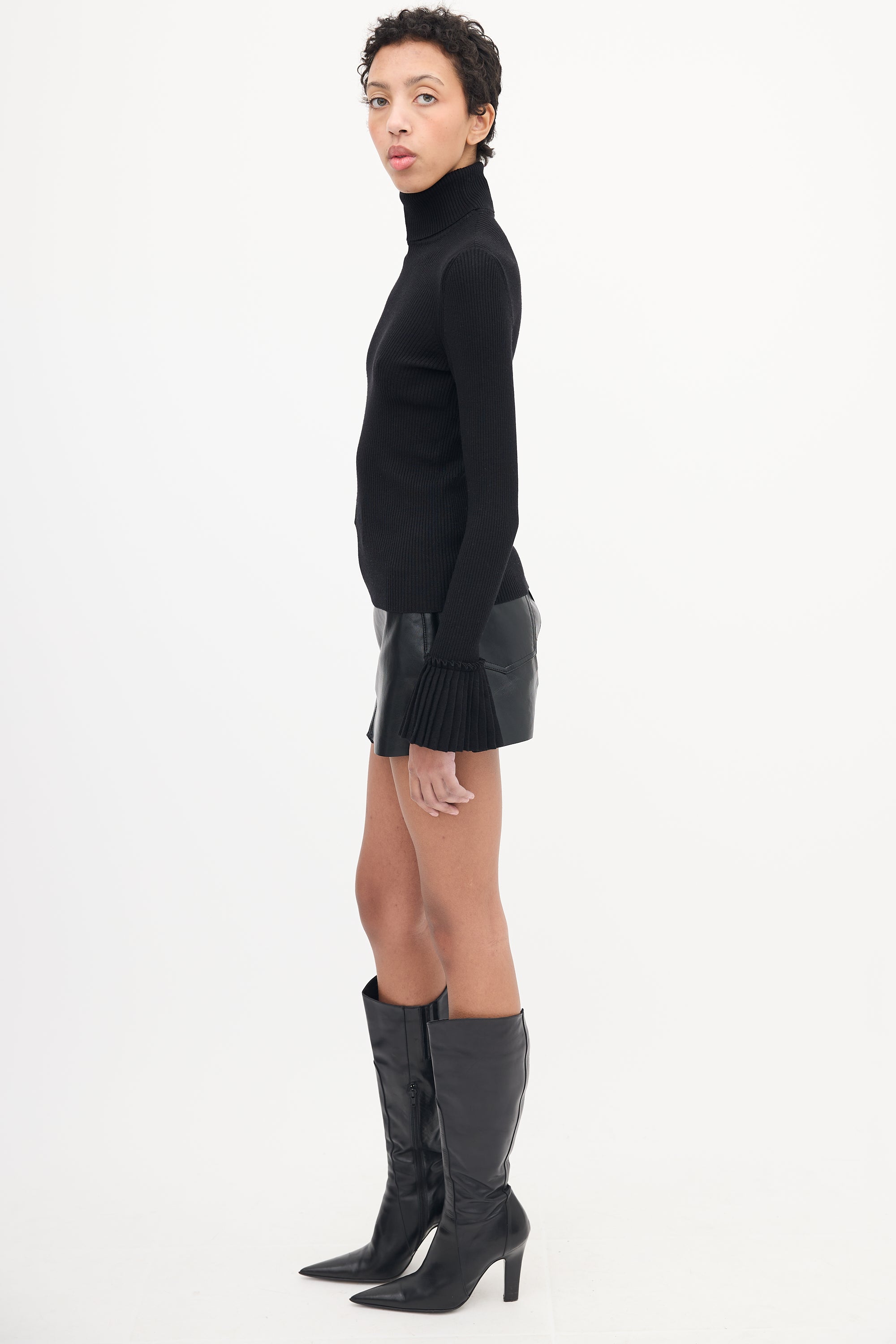 Ferragamo Black Pleated Cuff Turtleneck Top