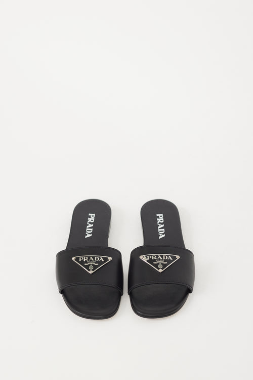 Prada Black & Silver Leather Logo Sandal