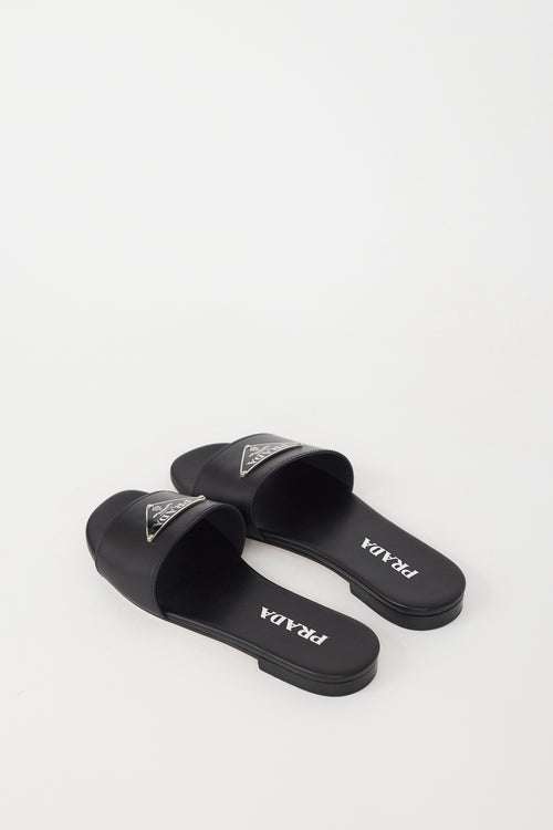 Prada Black & Silver Leather Logo Sandal