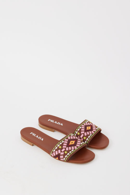 Prada Brown & Multicolour Embroidered Leather Sandal