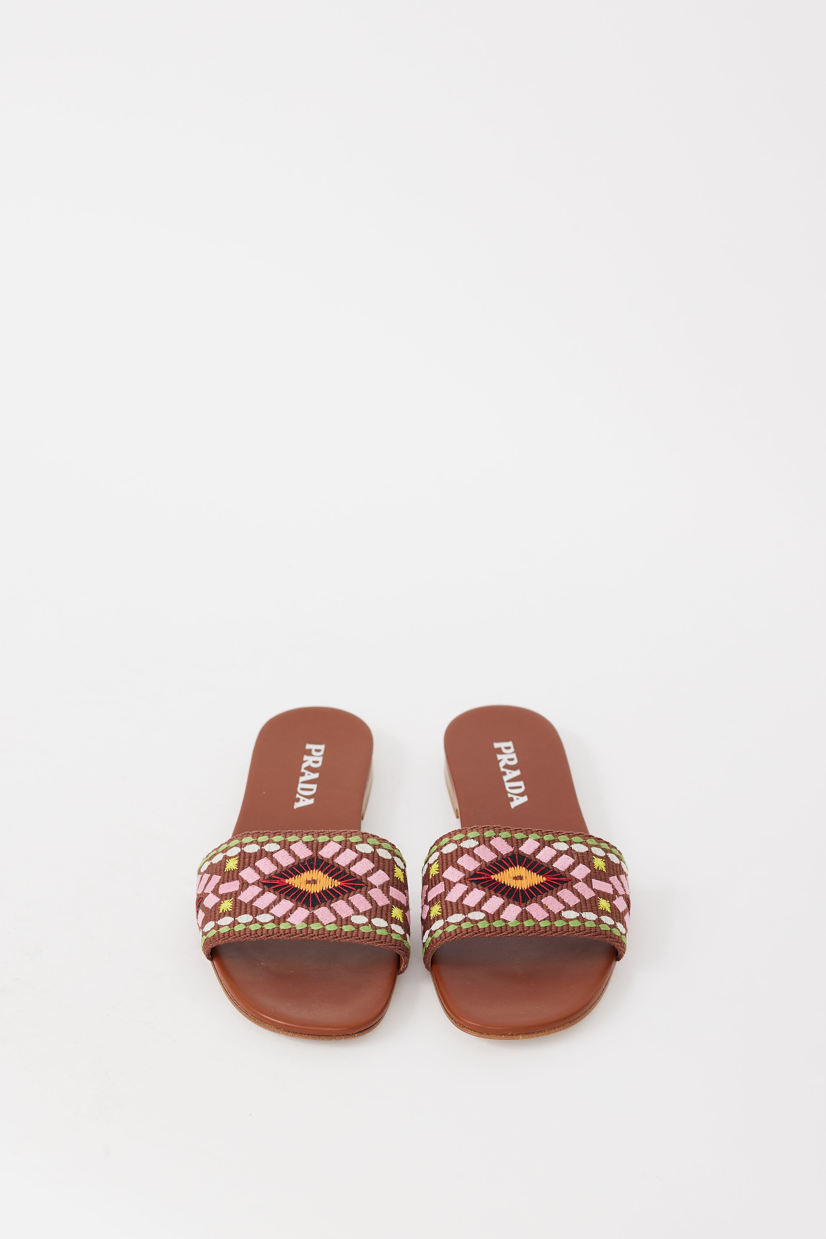 Prada Brown & Multicolour Embroidered Leather Sandal