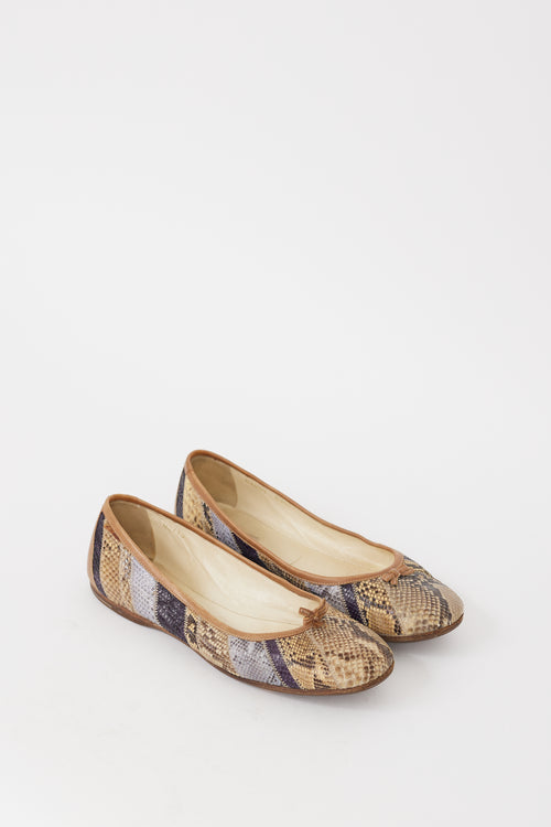 Prada Beige & Multicolour Leather Embossed Bow Flat