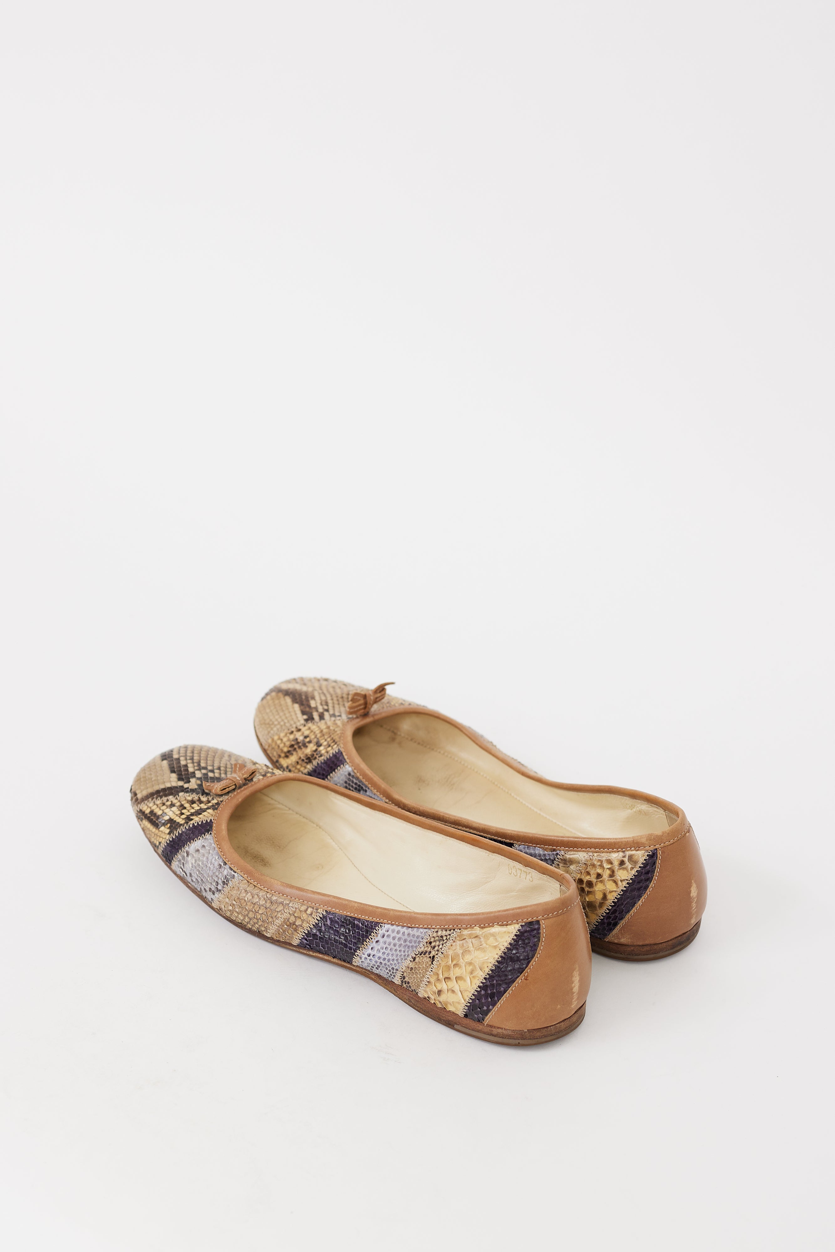Prada Beige & Multicolour Leather Embossed Bow Flat