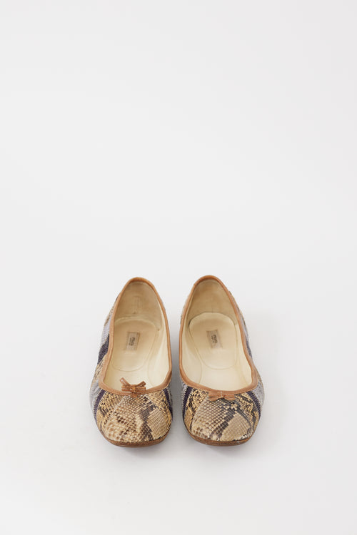 Prada Beige & Multicolour Leather Embossed Bow Flat