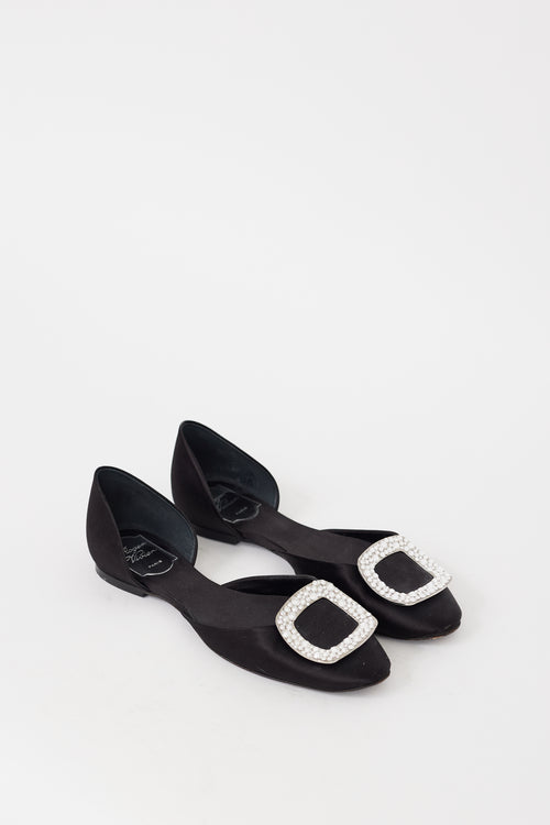 Roger Vivier Black & Silver Satin Chips Strass Jewel Flat