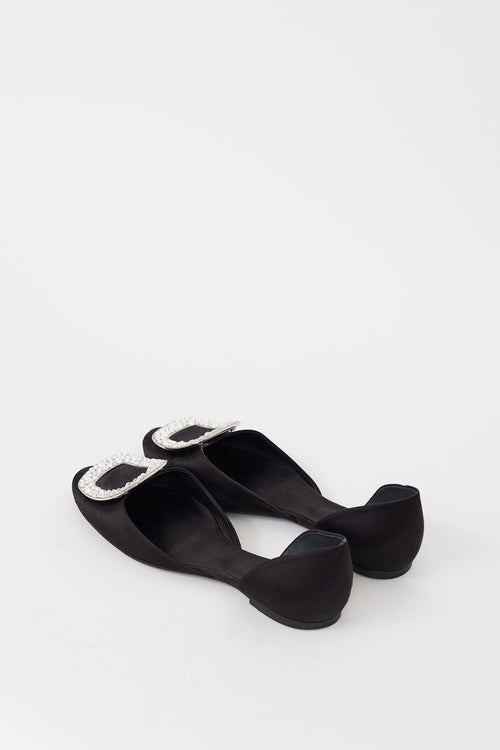 Roger Vivier Black & Silver Satin Chips Strass Jewel Flat