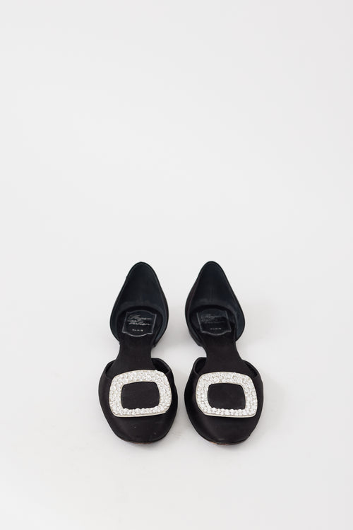 Roger Vivier Black & Silver Satin Chips Strass Jewel Flat