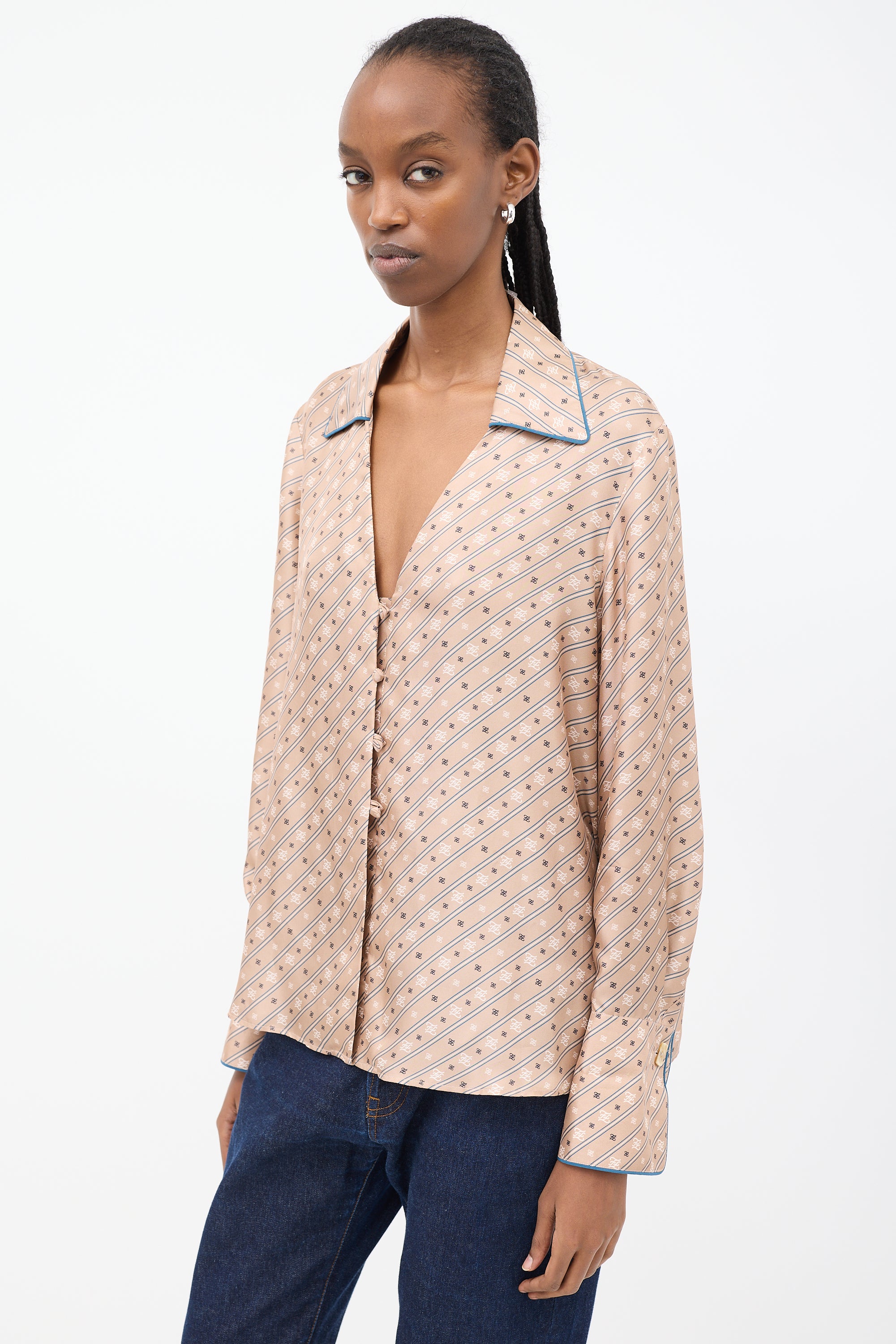 Fendi Beige Silk Logo Striped Camicia Shirt