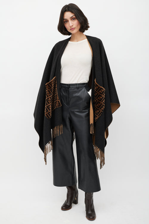 Fendi Black & Brown Cashmere Fringe Shawl
