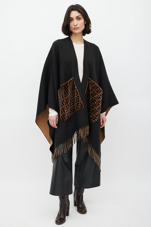 Fendi Black & Brown Cashmere Fringe Shawl