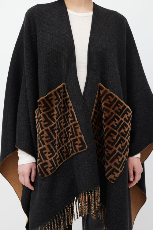 Fendi Black & Brown Cashmere Fringe Shawl
