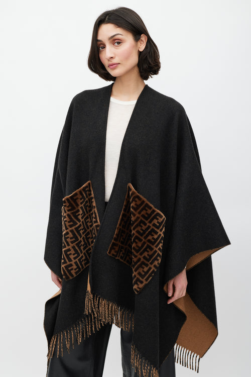 Fendi Black & Brown Cashmere Fringe Shawl