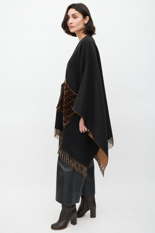 Fendi Black & Brown Cashmere Fringe Shawl
