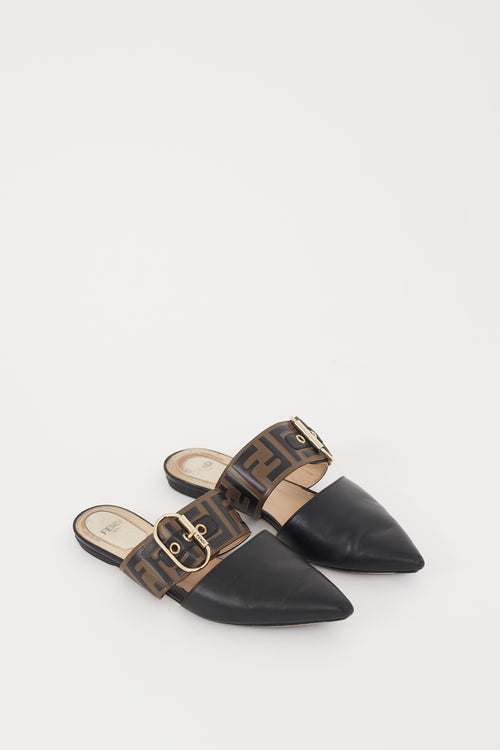 Fendi Black & Brown Leather Sabot Zucca Mule