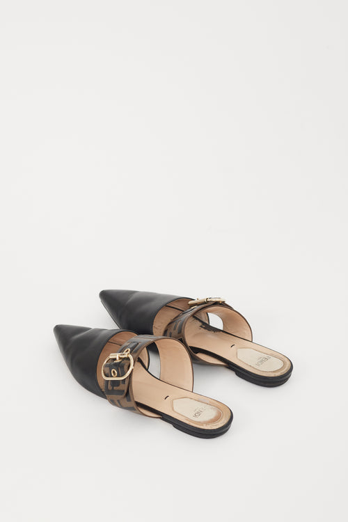 Fendi Black & Brown Leather Sabot Zucca Mule