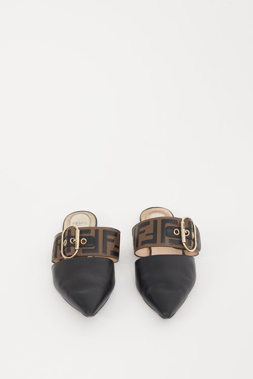 Fendi Black & Brown Leather Sabot Zucca Mule