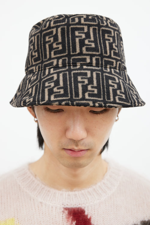 Fendi Black & Brown Wool Zucca Bucket Hat