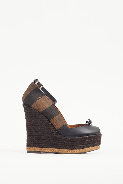 Fendi Black & Brown Leather & Canvas Espadrille Wedge Heel