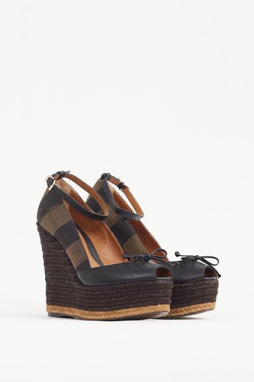 Fendi Black & Brown Leather & Canvas Espadrille Wedge Heel