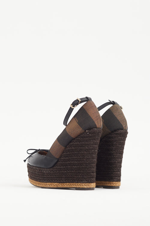 Fendi Black & Brown Leather & Canvas Espadrille Wedge Heel