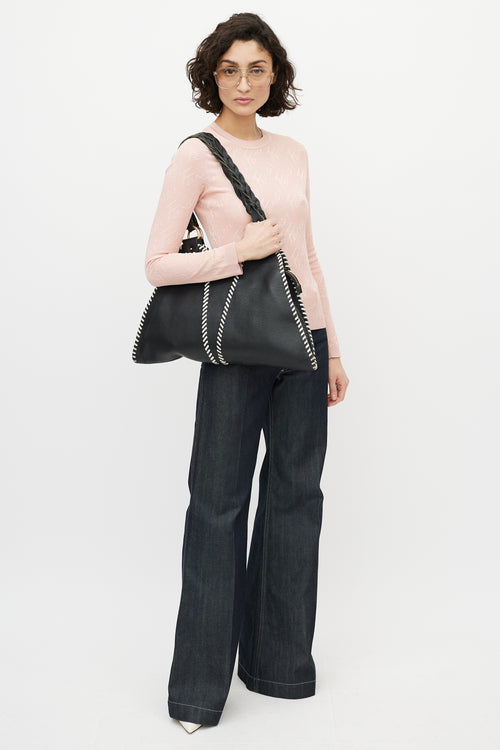 Fendi Black & White Diavolo Trapezio Leather Braided Bag