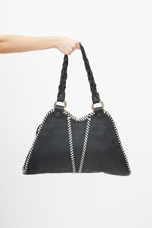 Fendi Black & White Diavolo Trapezio Leather Braided Bag