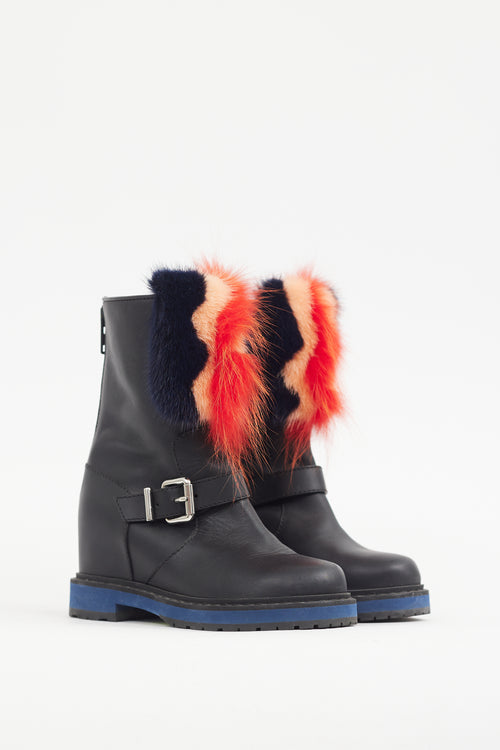 Fendi Black & Multicolour Fur Trimmed Leather Boot