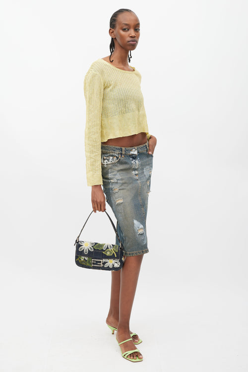 Fendi Blue & Multi Floral Mesh Baguette Shoulder Bag