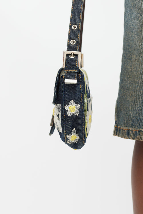 Fendi Blue & Multi Floral Mesh Baguette Shoulder Bag