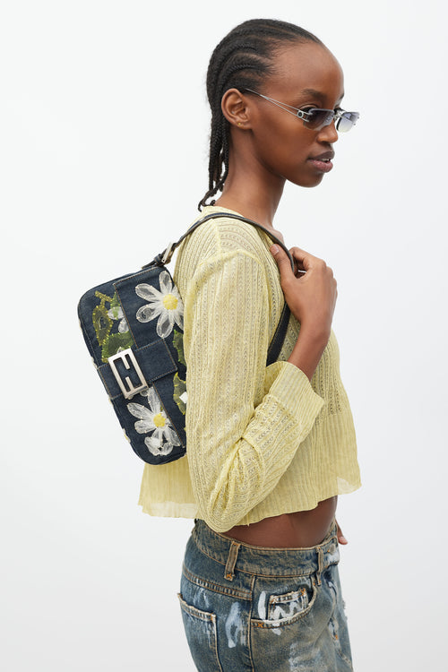 Fendi Blue & Multi Floral Mesh Baguette Shoulder Bag