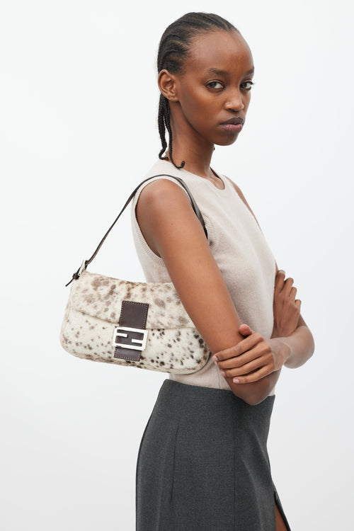 Fendi Cream & Brown Printed Fur Baguette Bag