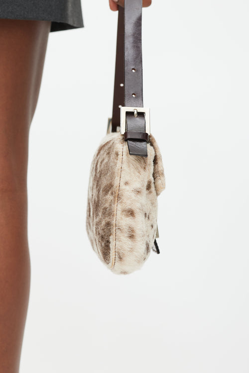 Fendi Cream & Brown Printed Fur Baguette Bag