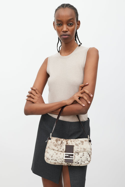 Fendi Cream & Brown Printed Fur Baguette Bag