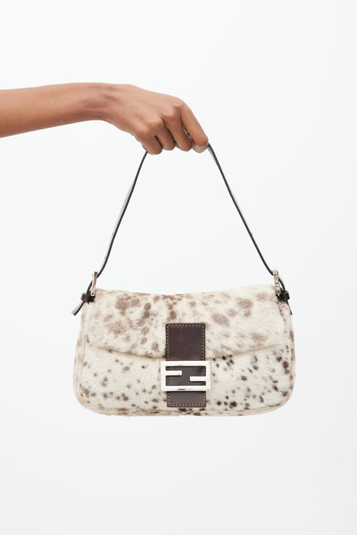Fendi Cream & Brown Printed Fur Baguette Bag