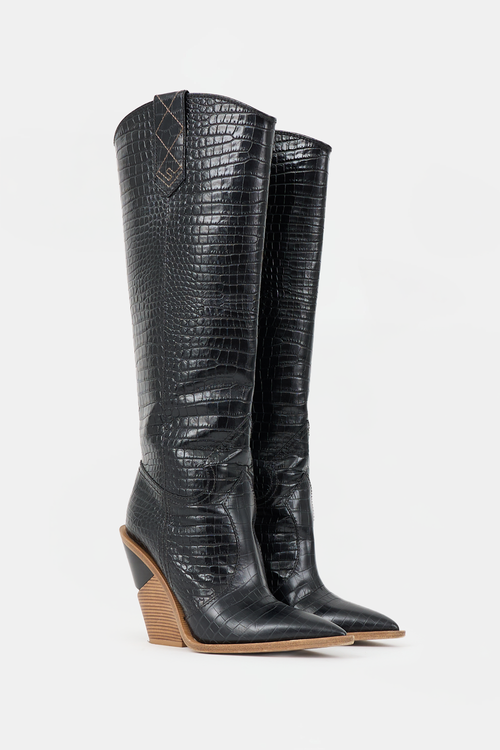 Fendi Embossed Leather Knee Boot