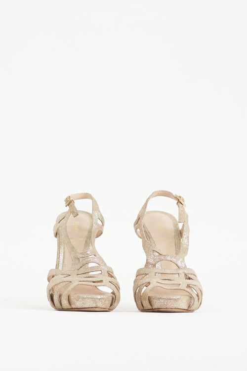 Fendi Gold & Brown Sparkly Suede Caged Heel