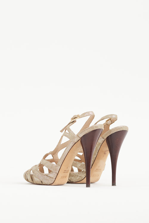 Fendi Gold & Brown Sparkly Suede Caged Heel