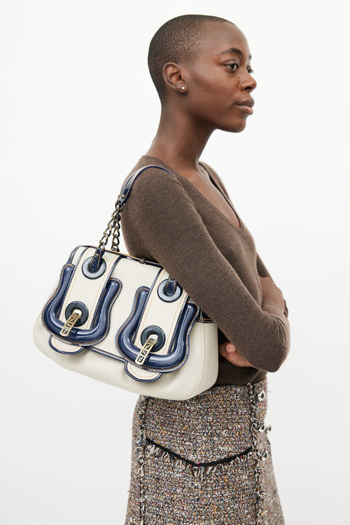 Fendi White & Blue Leather B Bag