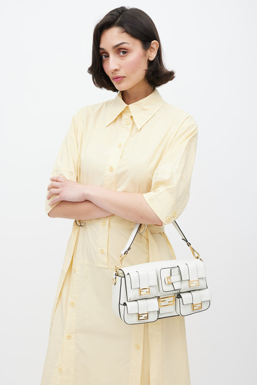 Fendi White & Gold Leather Multipocket Baguette Bag